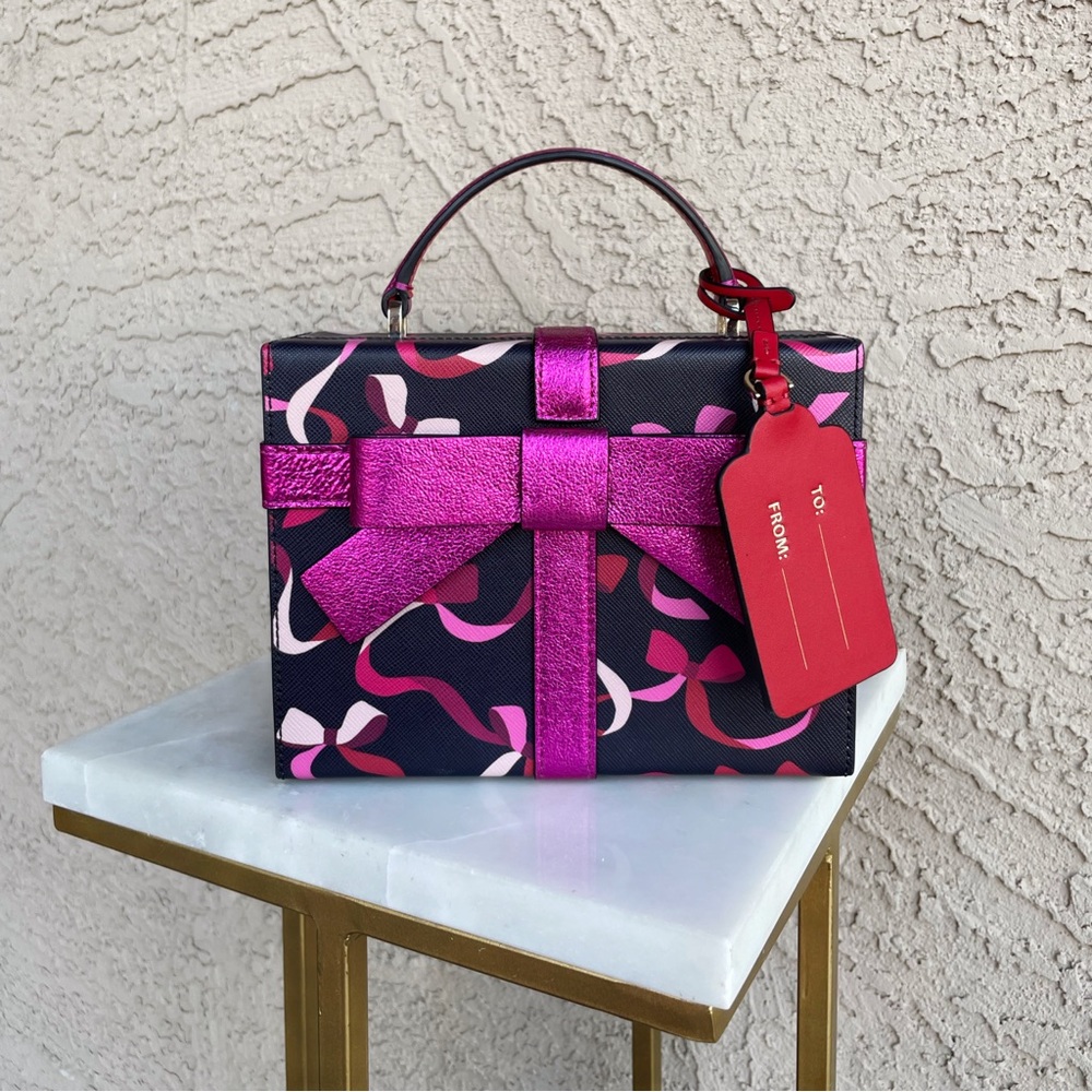 KATE SPADE Black Purple Red Wrapping Party Metallic Gift Bow Crossbody Box Bag